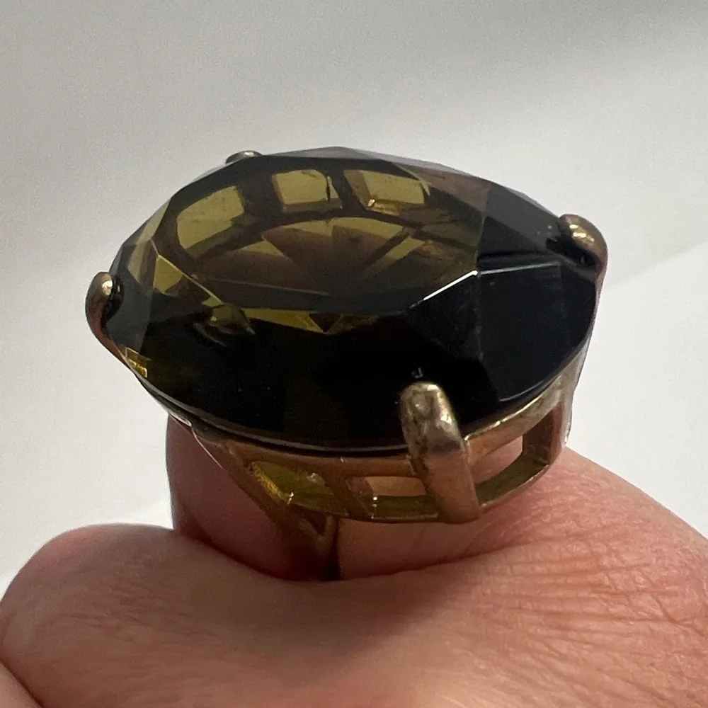 Size 6 Extra Large Jumbo Smokey Quartz Topaz Crystal Metal Basket Cocktail Ring